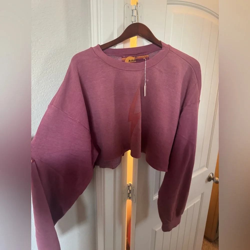 Aviator Nation Bolt Stitch Cropped Crew Sweatshirt in Faded Berry XL - Picture 3 of 3